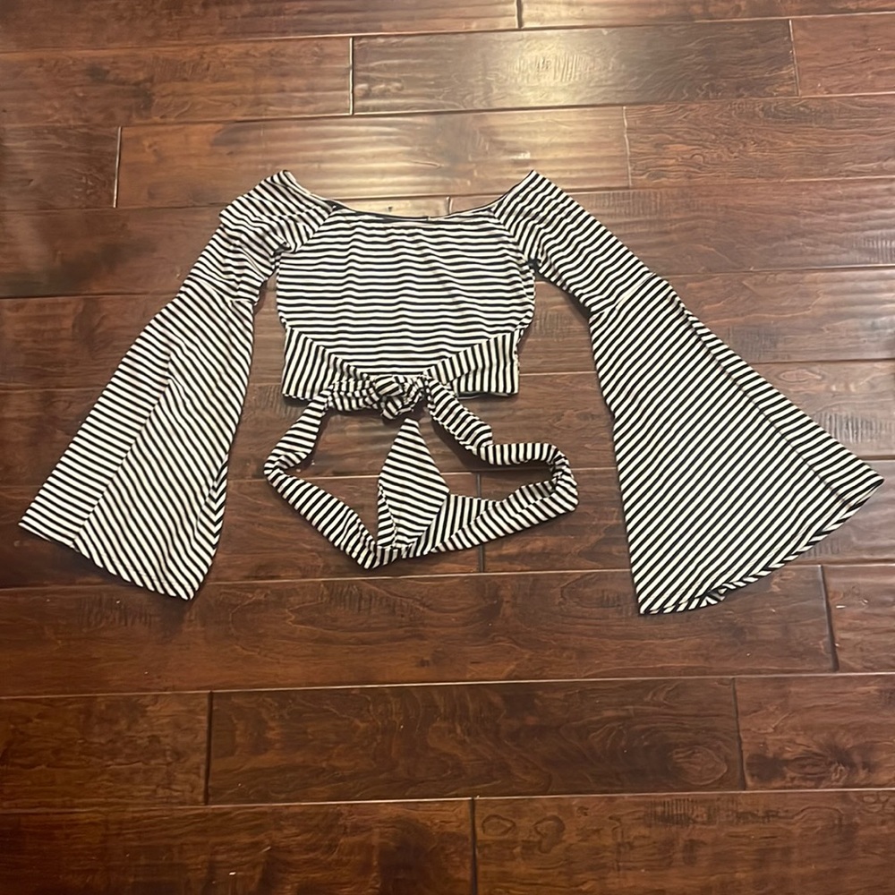 House of Harlow x Revolve off shoulder striped wrap around crop top